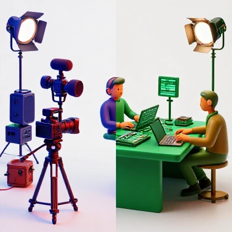 Colorful split-screen showing solo creator with gear and collaborative team at work on video projects.