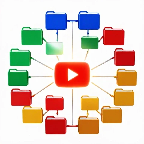 Network of colorful digital folders branching from a central glowing play button on a bright white background