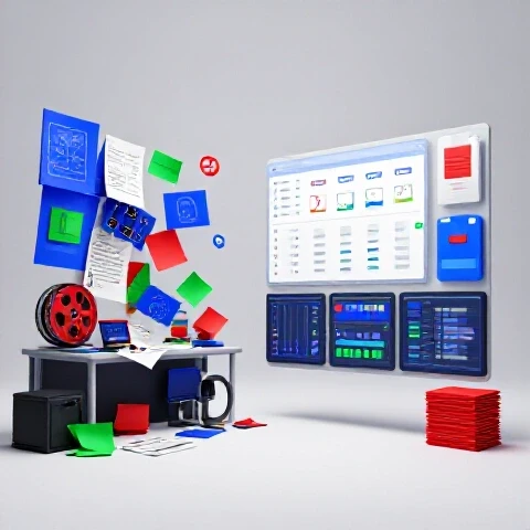 Split-screen scene showing a chaotic, cluttered video workspace on one side and a streamlined, organized workflow on the other, with vibrant colors and a bright luminous background.