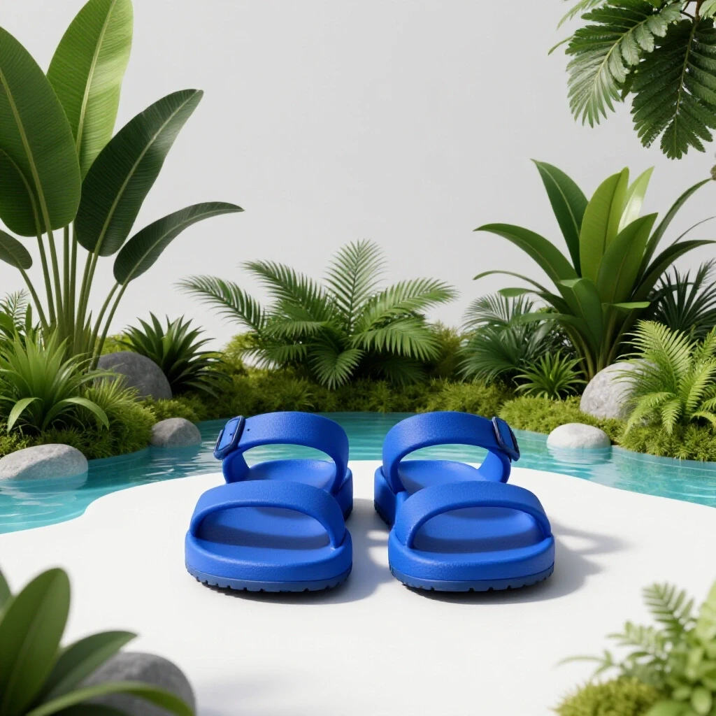 A pair of stylish spa sandals placed in a tranquil spa environment with lush greenery and calm water.