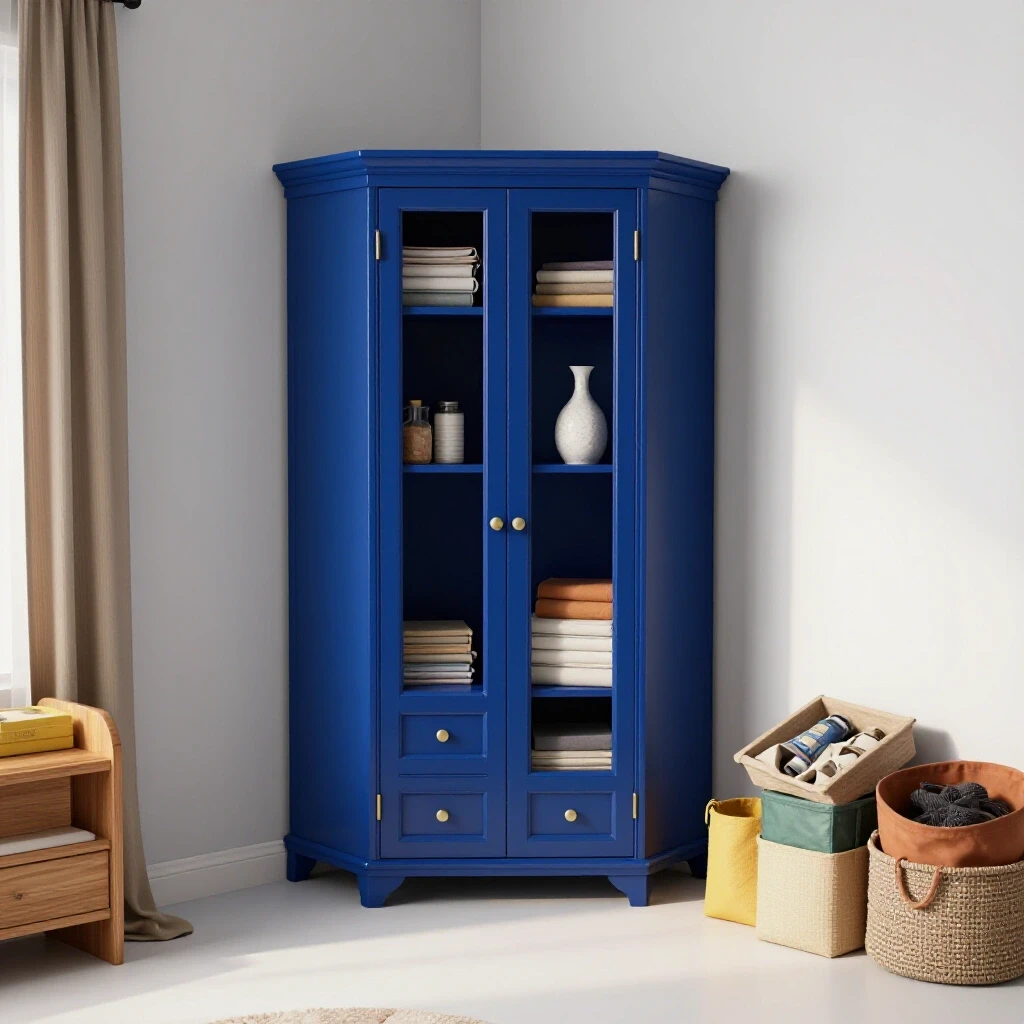 A stylish corner wardrobe in deep royal blue contrasting with a cluttered space, showcasing a cozy room corner.
