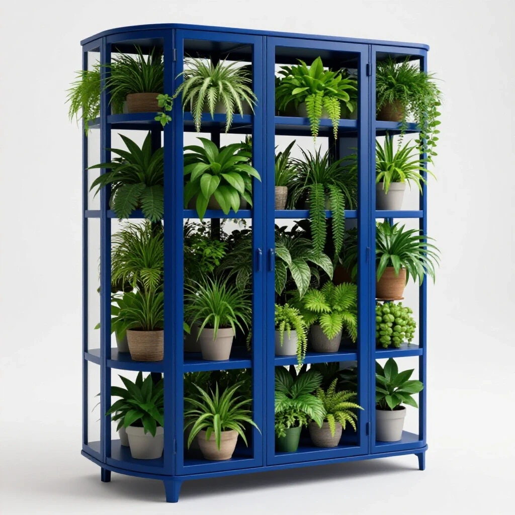 A vibrant multi-level plant cabinet filled with lush green plants, set against a bright, clean background.