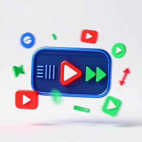 Vibrant YouTube video elements like timeline clips, play buttons, and fast-forward arrows in rapid, energetic motion on a bright studio background.
