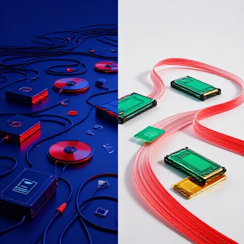 Split-scene workspace contrasting tangled cables and hard drives with sleek, illuminated SSDs and vibrant timelines