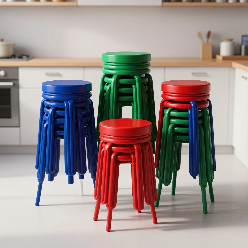 Colorful stackable kitchen stools arranged playfully against a bright, clean background.