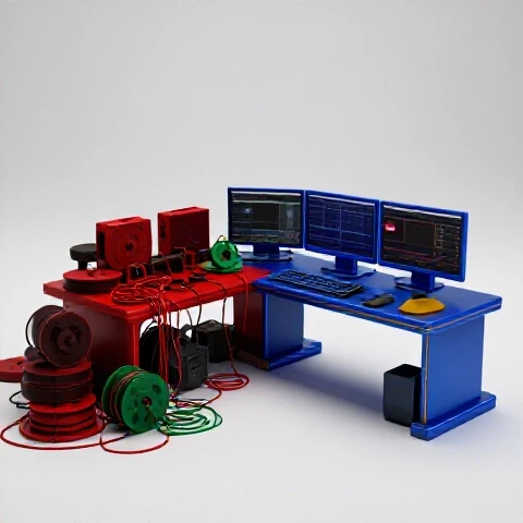 Split scene of chaotic editing tools turning into an organized video editing setup on a bright background