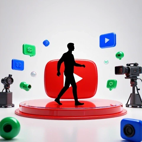 Confident figure steps onto glowing YouTube play button stage, surrounded by futuristic camera gear and digital effects.