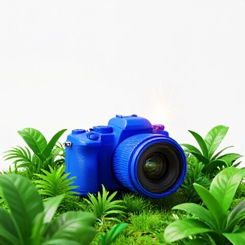 A vivid spark ignites a blue camera surrounded by lush green plants on a bright white background.