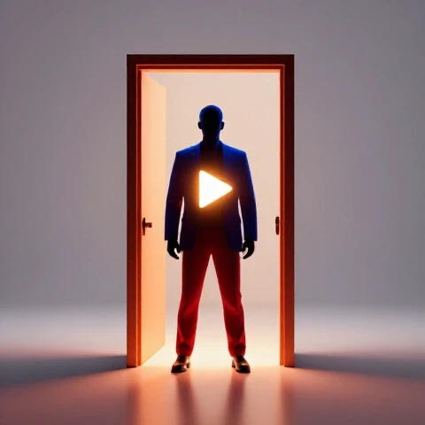 A confident midlife figure stands at the edge of a glowing play button-shaped doorway with light streaming out.