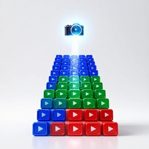 Vivid staircase of video thumbnails leads upward to a glowing camera, symbolizing consistent YouTube growth.