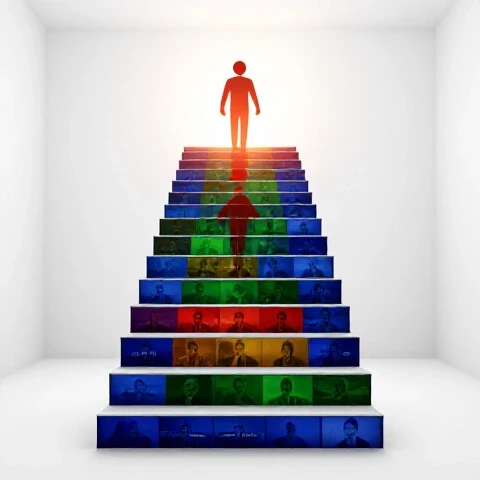 A staircase of colorful video thumbnails ascends toward a glowing horizon, symbolizing consistent YouTube growth.