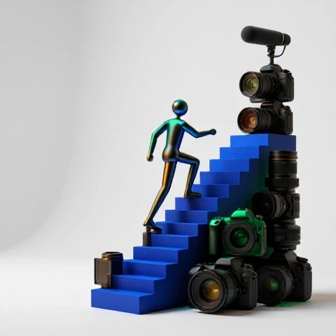 A staircase made from vibrant camera gear leads upward as a determined creator climbs, distractions fading away.