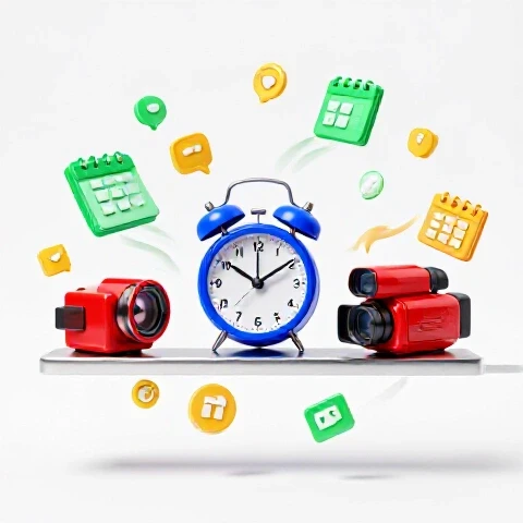 Alarm clock and video camera balanced amid swirling calendars and notifications on a bright white background.