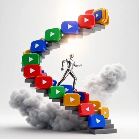 A dramatic spiral staircase of colorful video play buttons rises through stormy clouds toward a glowing light above.