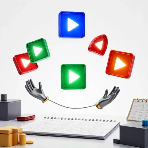 Abstract hands juggle glowing video play icons while balancing on a tightrope above a busy calendar desk.