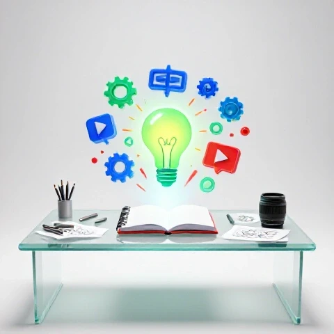 A vibrant creator's workspace with swirling idea icons and illuminated sketches on a bright background.