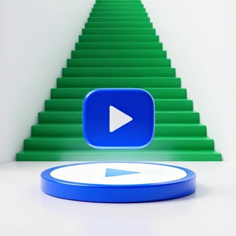 A bold upload button stands centered on a glowing platform as a shadowy endless staircase fades behind it.