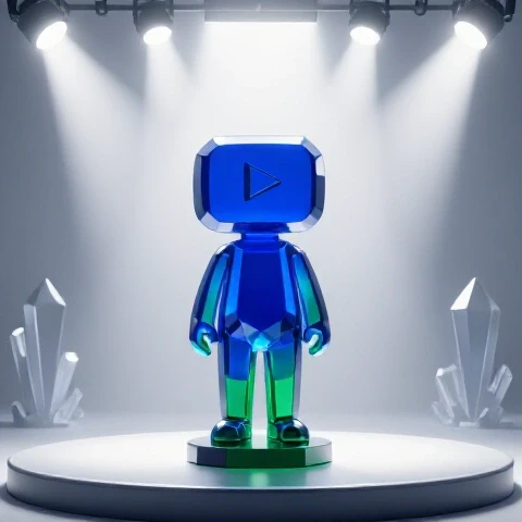 A vivid central crystal statue on a studio-lit stage with fading abstract figures behind it