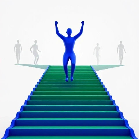 A bold, glossy abstract figure climbs a vibrant upward path as muted figures follow distant, fainter trails behind.