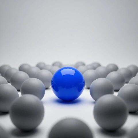 A bold blue sphere stands apart from a crowd of grey spheres on a bright studio background, symbolizing originality.
