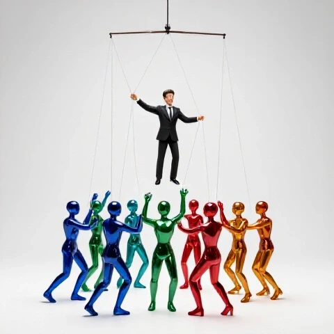 Vibrant, symbolic scene of marionette strings releasing a colorful, empowered video team ascending together.