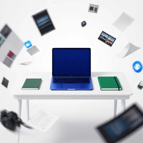 Focused workspace with organized deep blue devices at the center, chaos of blurred creative tools swirling away into a bright white background.