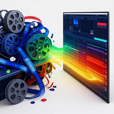 A cluttered, colorful editing workspace transforms into a streamlined video timeline on a bright, clean background.
