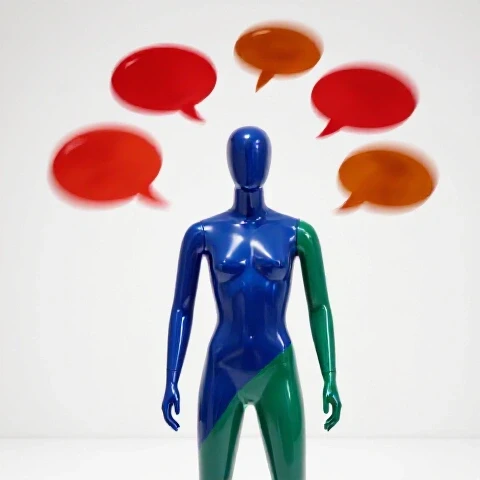 Confident figure stands centered and focused while swirling speech bubbles blur around them in a bright studio.