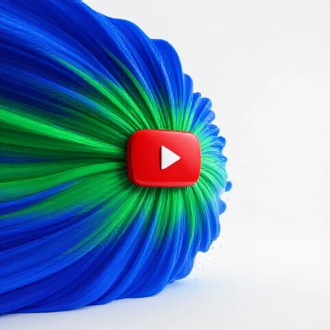 Vibrant YouTube play button with colorful video waves fading into dust on a bright studio background.