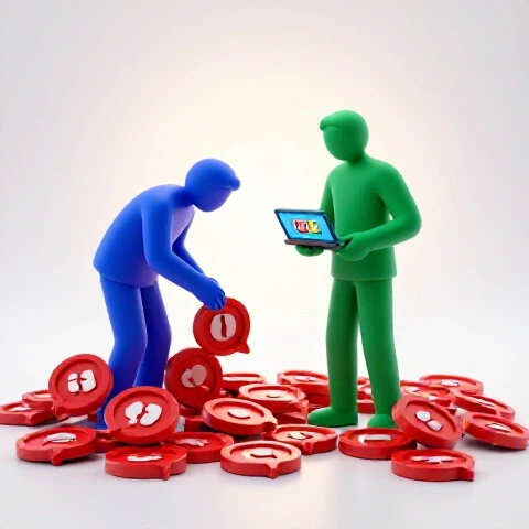 Split scene of a stylized figure overwhelmed by comment icons versus another calmly creating videos, separated by dramatic lighting.