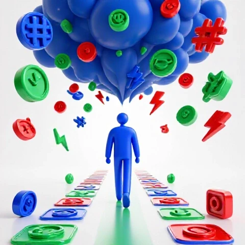 A confident icon walks from chaotic trend symbols toward a bright path lined with video thumbnails.