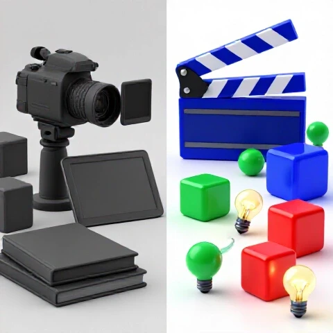 Split-screen showing a dull grey tutorial on one side and a vibrant storytelling scene with bold colors and lighting on the other.