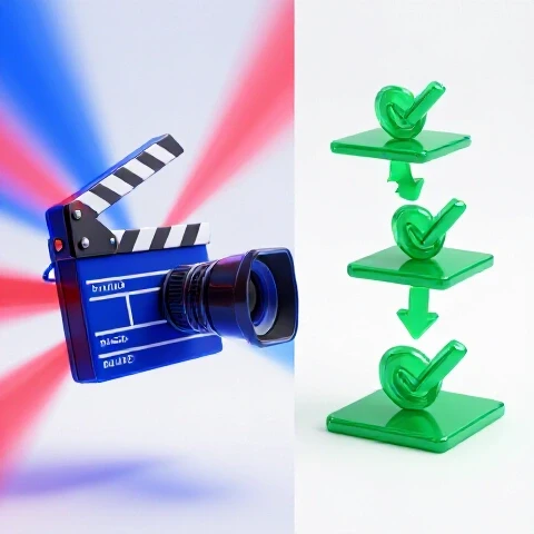Split image with a cinematic scene and a step-by-step tutorial in bold colors on a bright background.