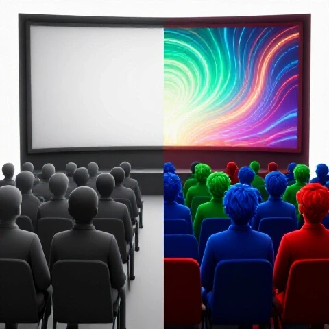 Split scene showing dull gray disengaged audience on one side, vibrant captivated audience on the other, all watching a glowing cinematic screen.