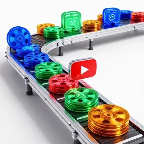 Dynamic assembly line with colorful video elements moving toward a glowing YouTube play button on a bright studio background.