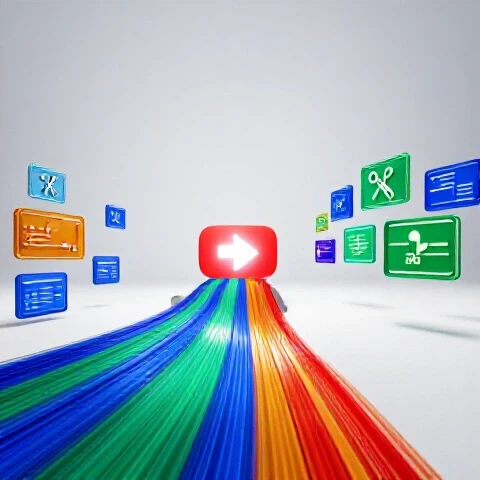 Vivid 3D assembly line of video clips and editing tools flowing toward a glowing upload button in a bright studio setting.