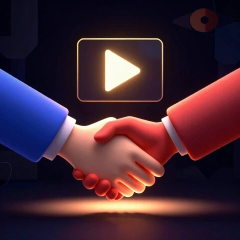 3D render of a glowing video play button hand shaking an abstract viewer under a spotlight, symbolizing trust in video promises.