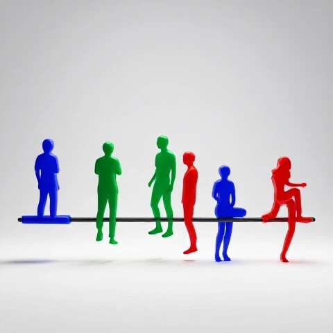 Dynamic timeline with three evolving, abstract viewer silhouettes in vivid colors on a bright background.