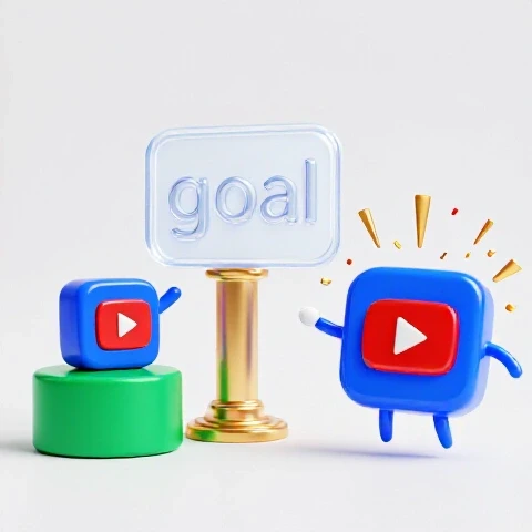 Split-screen image showing a content creator's journey: left side with a hopeful blue play button reaching for a goal, right side celebrating a subscriber milestone with confetti and bright colors.