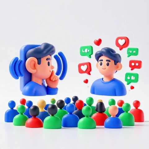Split scene showing a creator icon listening to viewers on one side and content surrounded by engagement icons on the other, with vivid colors and bright background.