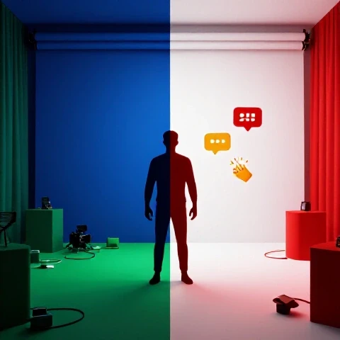 Split-screen scene showing cluttered prep space on one side and confident live streaming setup on the other, with vibrant colors and dynamic digital elements.