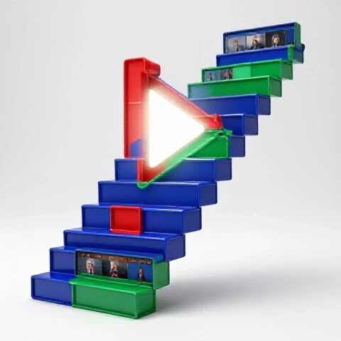 Staircase of vibrant video thumbnails leads upward to a glowing play button on a bright white background.
