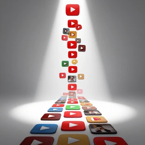 A spotlight reveals a path of vivid YouTube video thumbnails, some fading away while others reappear, evoking recovery and lost visibility on a bright white background.