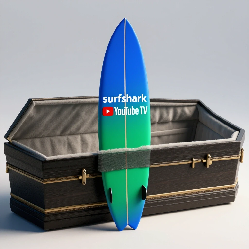 A surfboard piercing through a coffin, representing the battle between Surfshark and YouTube TV with vibrant colors and dramatic contrast.