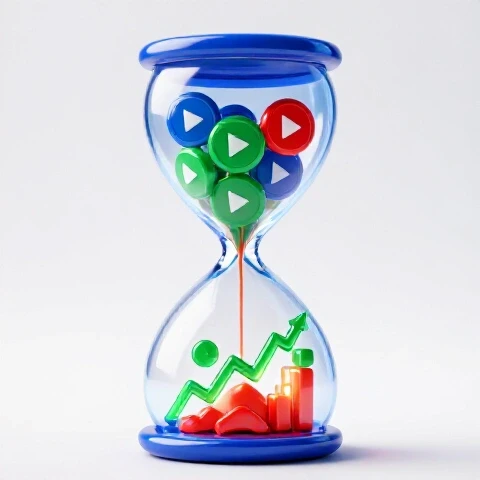 Vivid hourglass with glossy video play buttons flowing into a glowing upward-trending graph, set against a bright studio background.