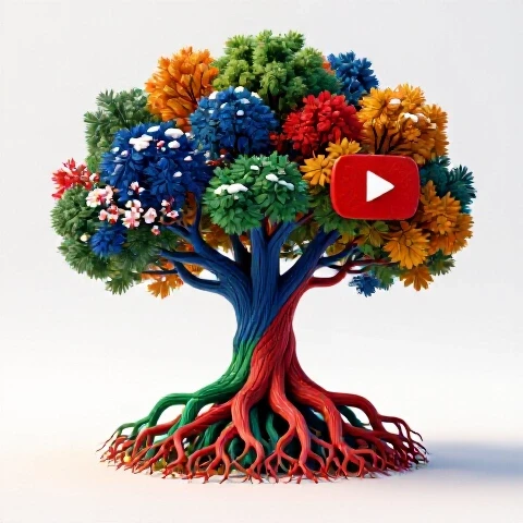 Vibrant tree with play button roots in seasonal colors on a bright white background, symbolizing sustained channel growth.