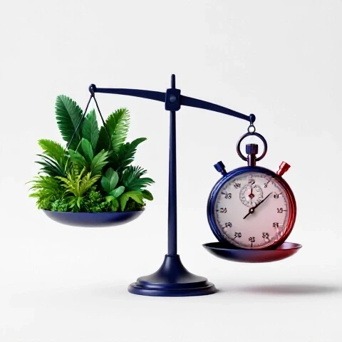 A balanced scale with lush greenery outweighing a blurred stopwatch, centered on a bright white background.