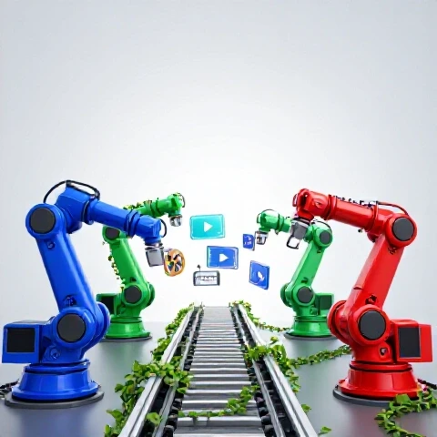 Futuristic robotic assembly line crafting YouTube video elements with green vines symbolizing sustainable AI integration.