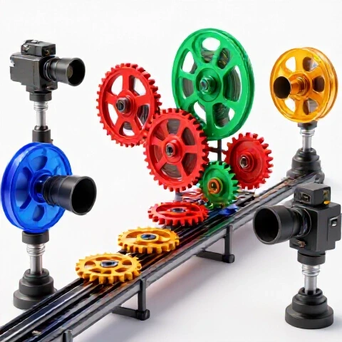 Vivid cameras, lightbulbs, and film reels flow through colorful gears on a bright white assembly line, symbolizing creative productivity.