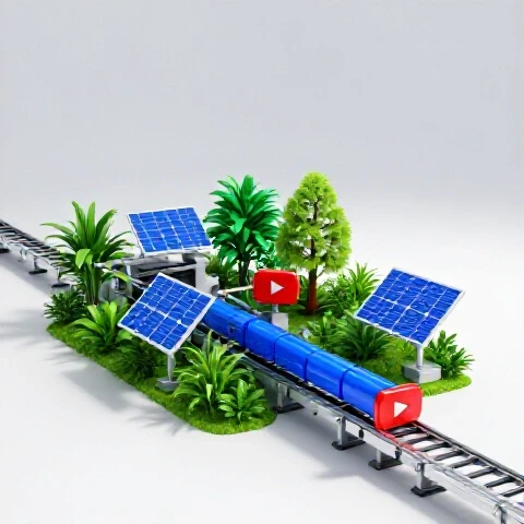 A row of vivid video thumbnails moves on a sleek assembly line, powered by green plants and solar panels.